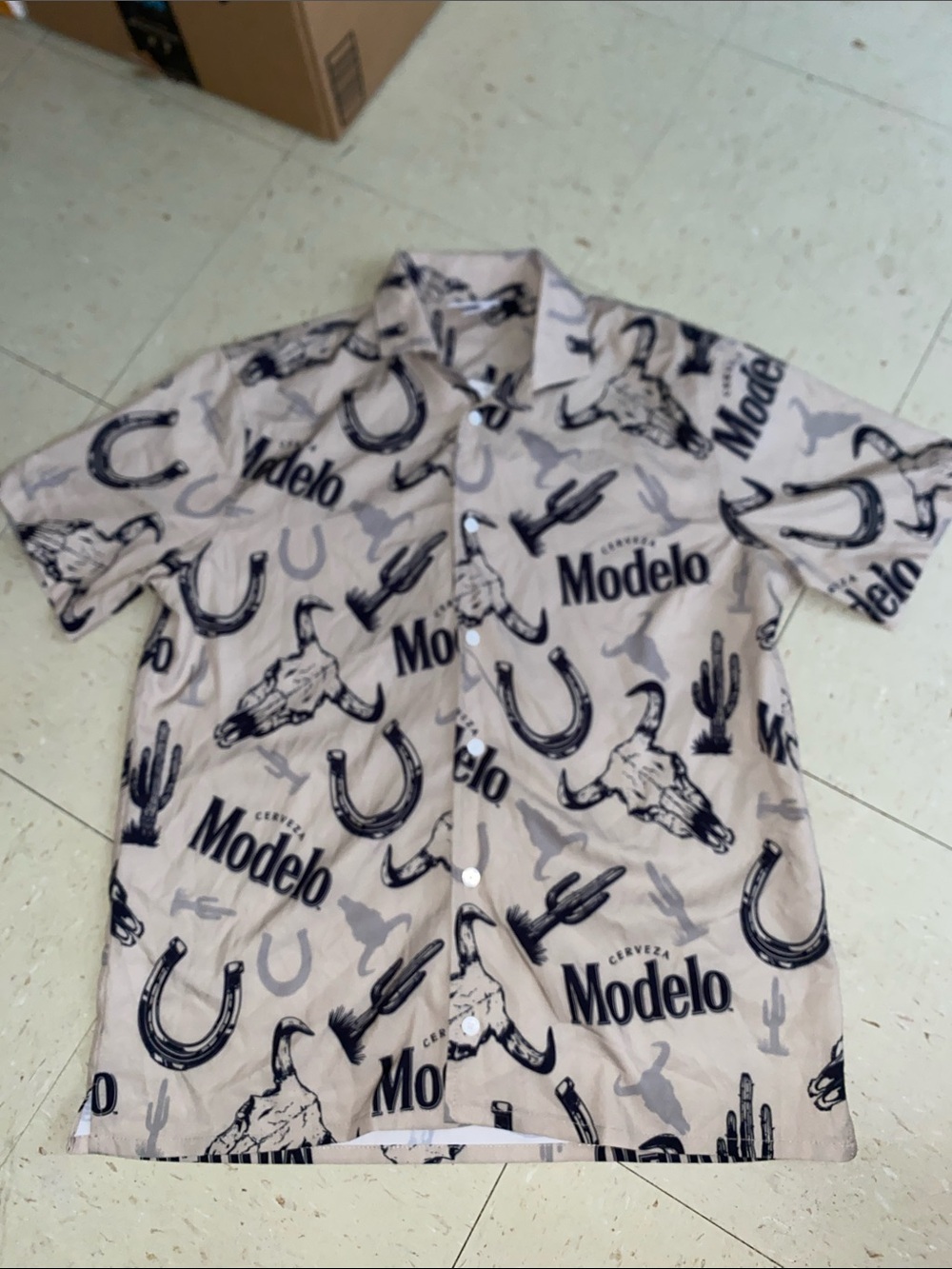 Modelo Beige and black Logo Western Print Short-Sleeve Shirt MENS sm